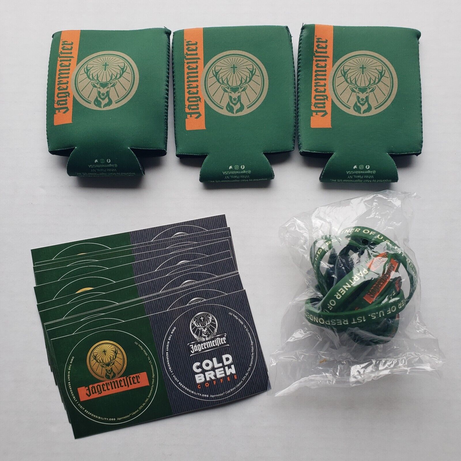Jagermeister Lot with 3 Koozies 10 Silicone Wristbands & 12 Sticker Sheets New