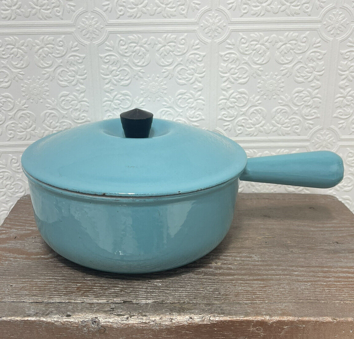 Le Creuset Saucepan # 20 Enamel Cast Iron Paris Blue Turquoise 1950\'s Pot RARE