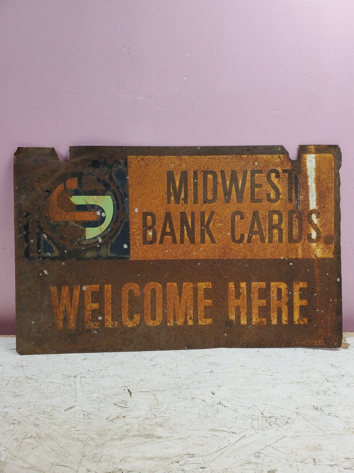 Vintage Antique Midwest Bank Cards Welcome Here Steel Sign 24x15 40s 50s Ad 