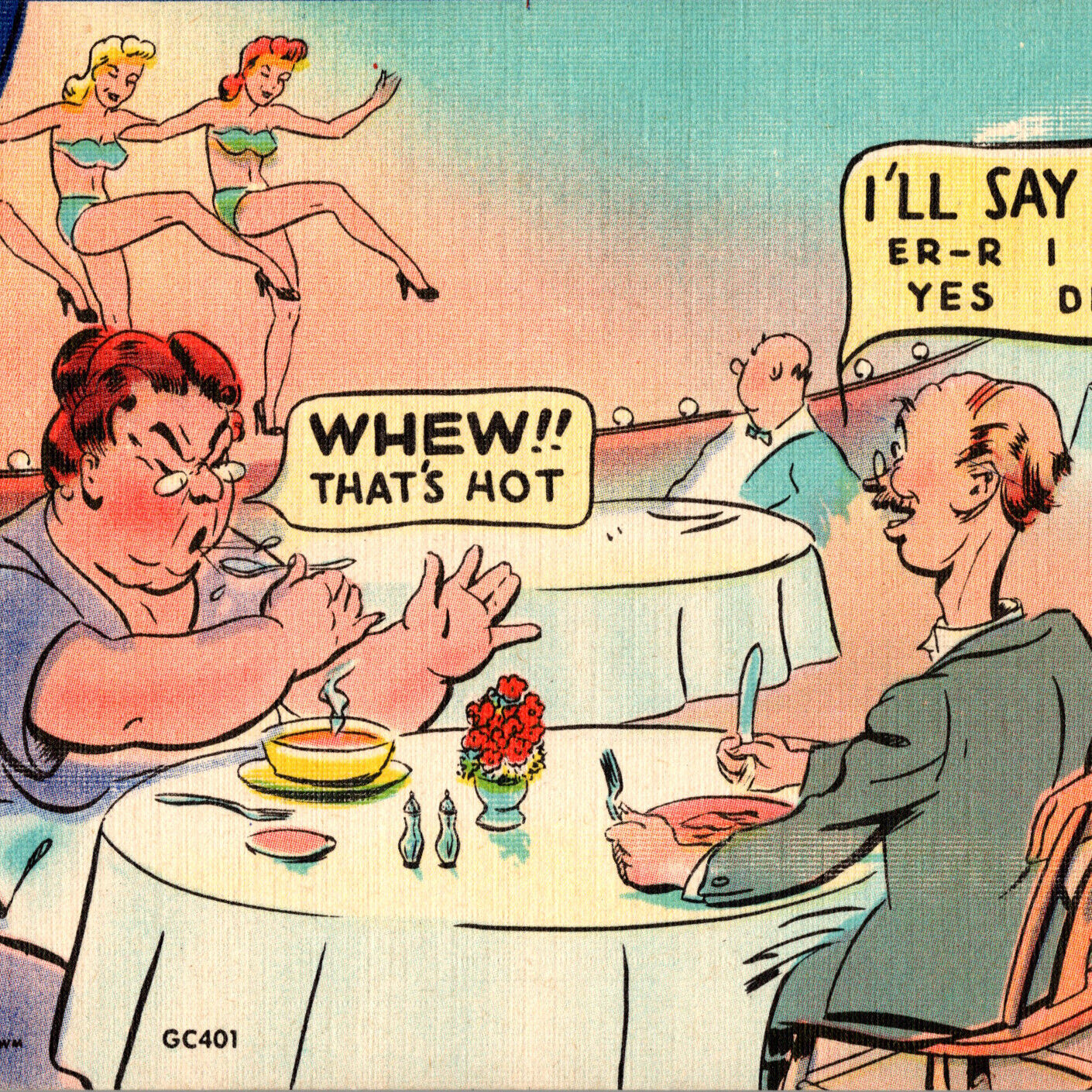 Vintage 1947 Humor Husband Wife Restaurant Dinner Cabaret Postcard Can Can Dance