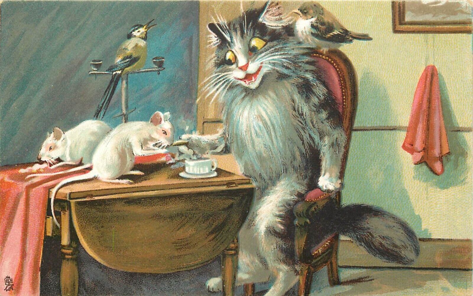 Tuck Humorous Cats Postcard 122 M. Boulanger, Cat has Tea w/ Rats & Birds
