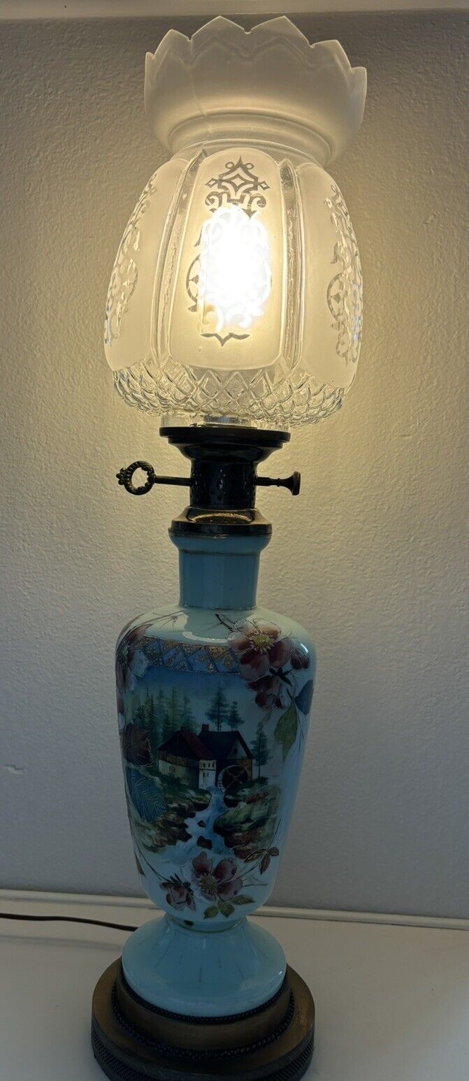 Vintage MCM Chinese Hand Painted Opaque Farm Waterwheel Scene Large Lamp