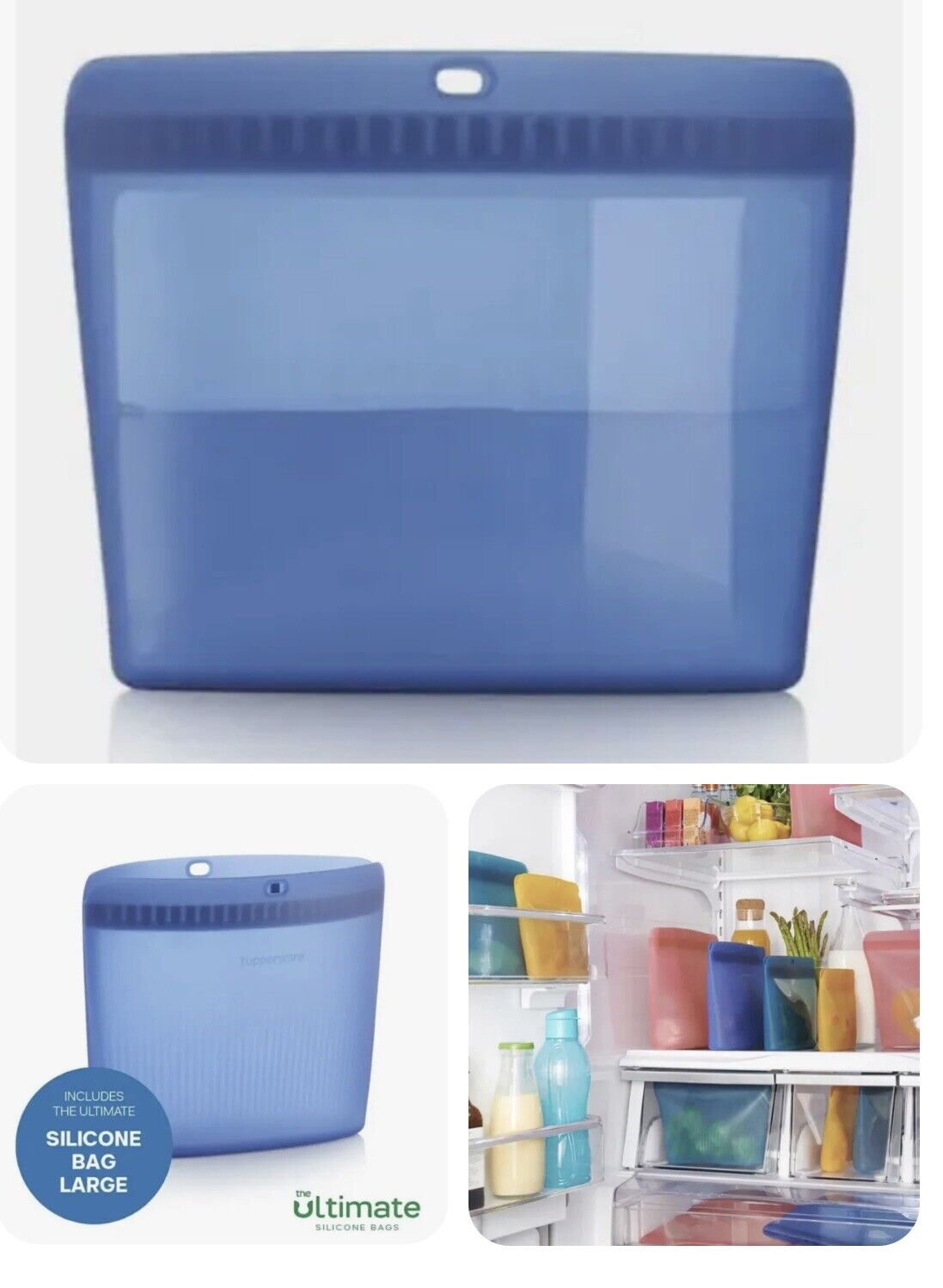Tupperware Large Blue Ultimate Silicone Bag freezer Oven, Microwave Safe NEW