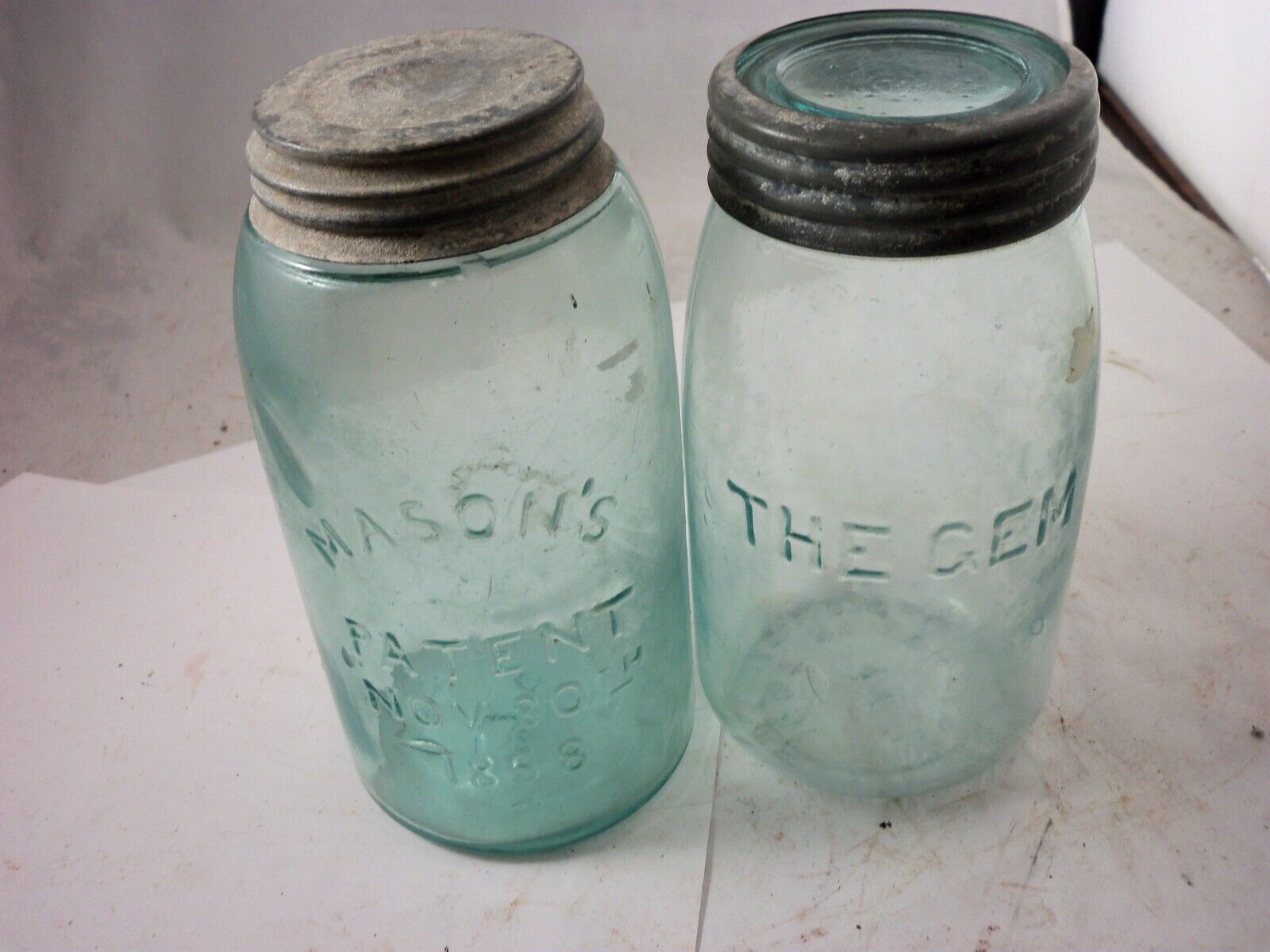lot of 2 ground lip quart early jars gem and masons patent nov 30th 1858