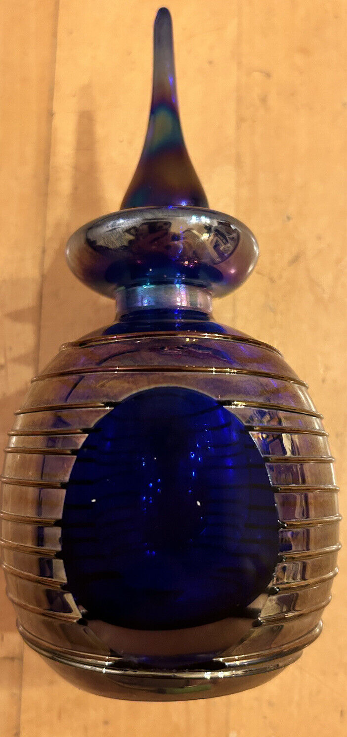 Vintage Hand blown Cobalt Blue & Gold  Cased Art Glass Perfume Bottle 6”