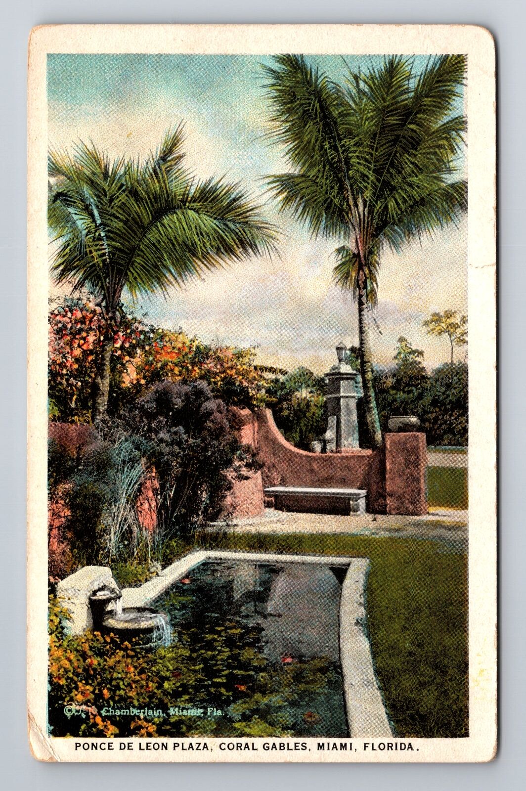 Miami FL-Florida, Coral Gables Ponce De Leon Plaza, Antique Vintage Postcard