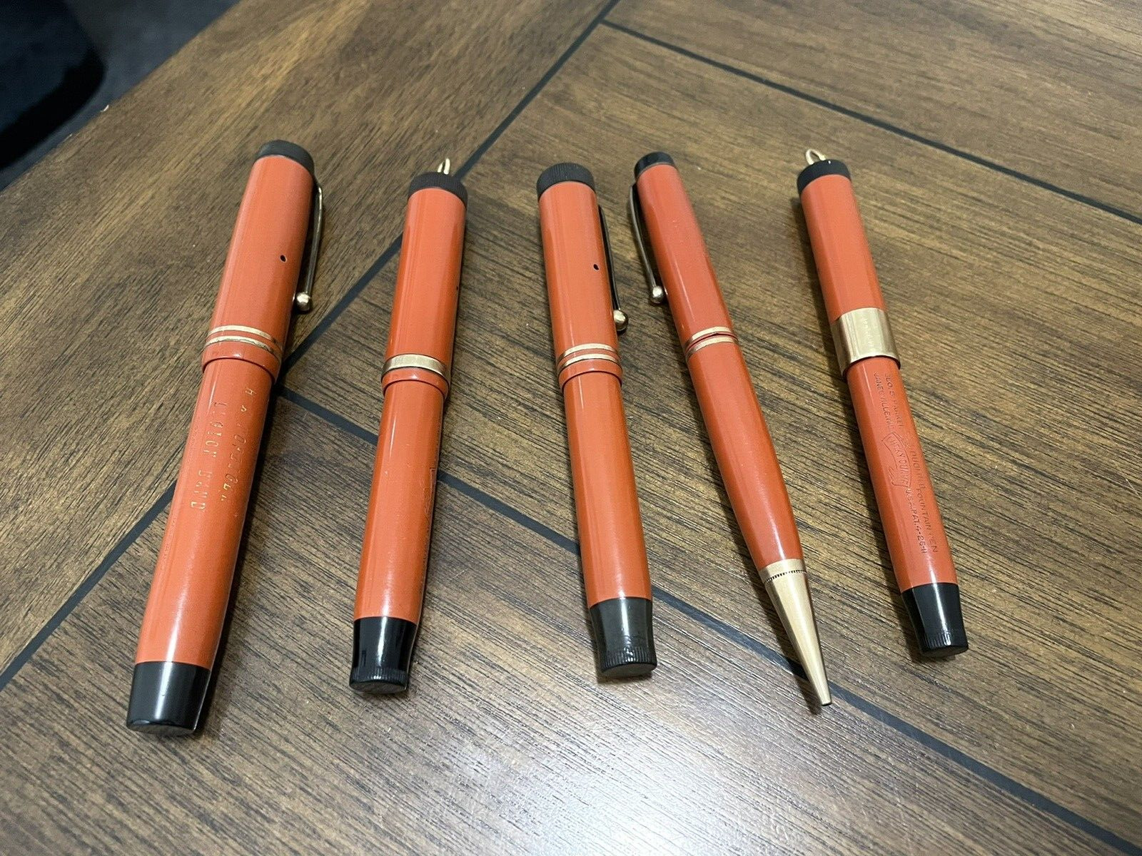 5 VINTAGE PARKER LUCKY CURVE DUOFOLD FOUNTAIN PENS-PENCIL, BIG RED SR+JR+LADY