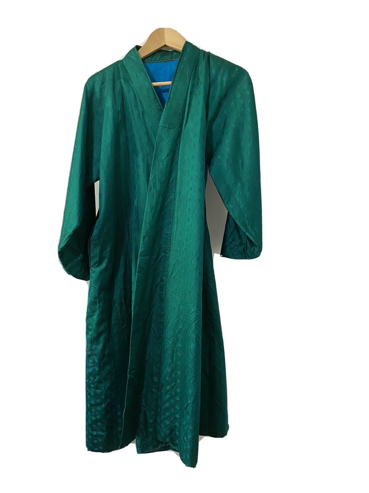 Vintage Lined Silk Robe Kimono, Emerald Green, Inside Bright Blue Made In Korea