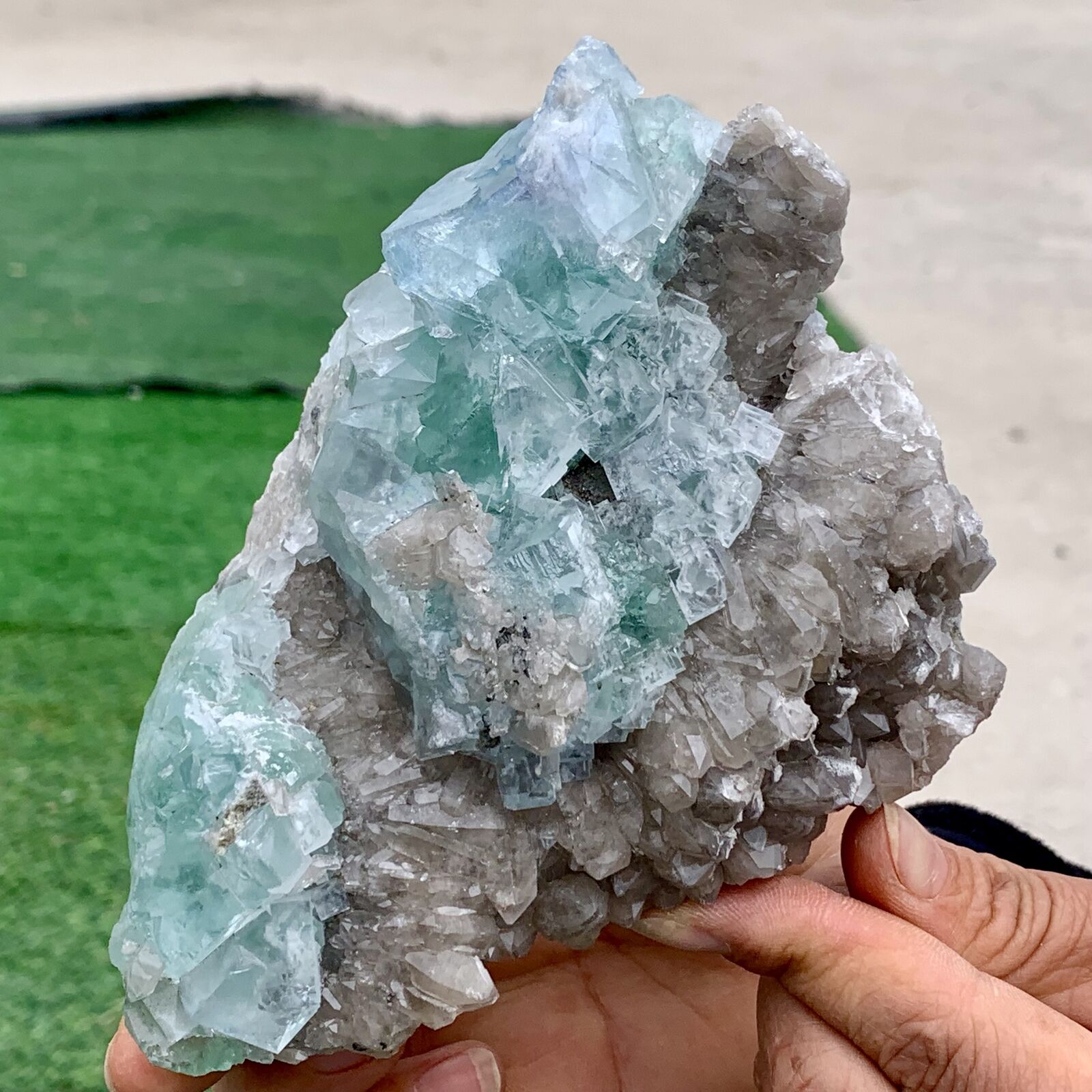 1.44LB Rare transparent blue-green cubic fluorite mineral crystal sample