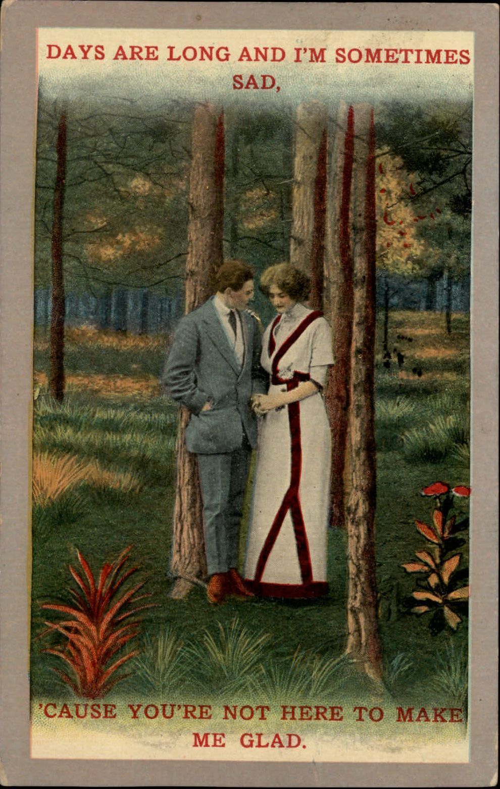 Romantic Couple in woods sad you\'re not here ~ 1913 vintage postcard sku217