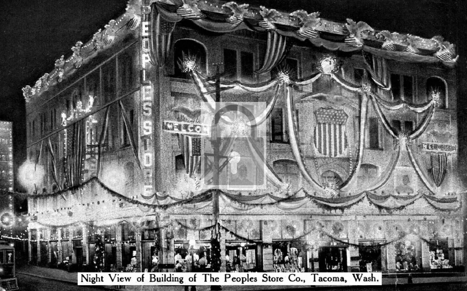 Night View The Peoples Store Co Building Tacoma Washington WA Reprint Postcard
