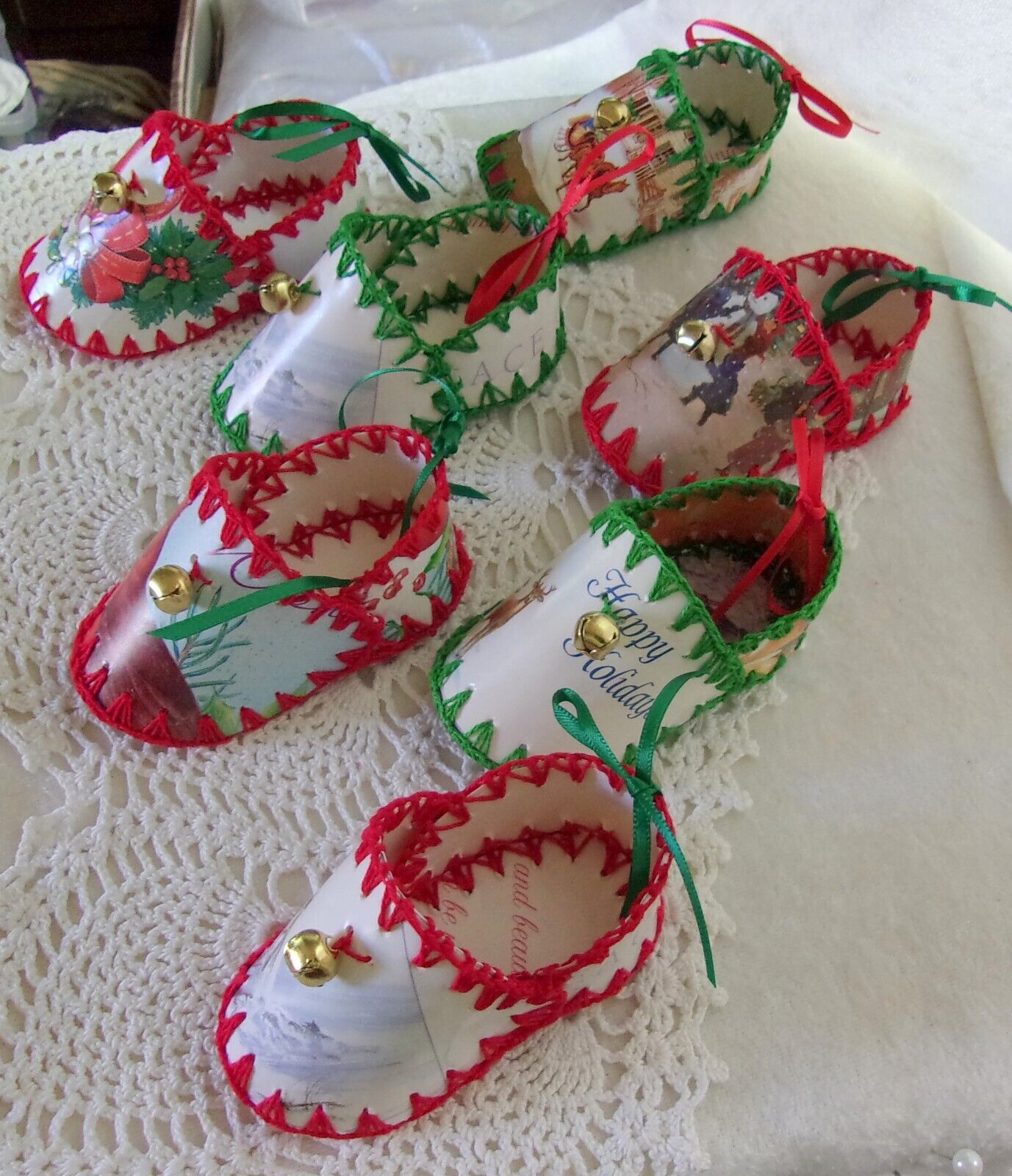 Lot 7 Vtg Christmas Greeting Card SHOE NUT CUP CANDY HOLDERS Handcrafted Crochet