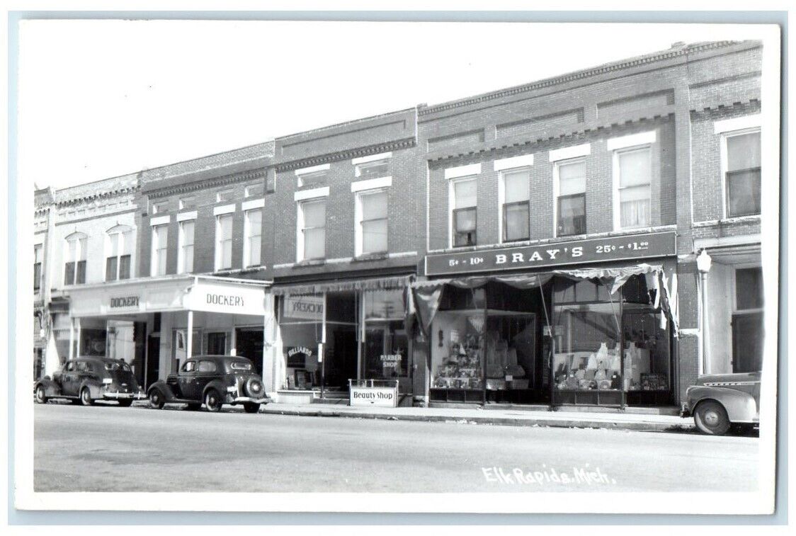 c1940's Street Bray's Barber Shop Billiards View Elk Rapids MI RPPC Posted Photo