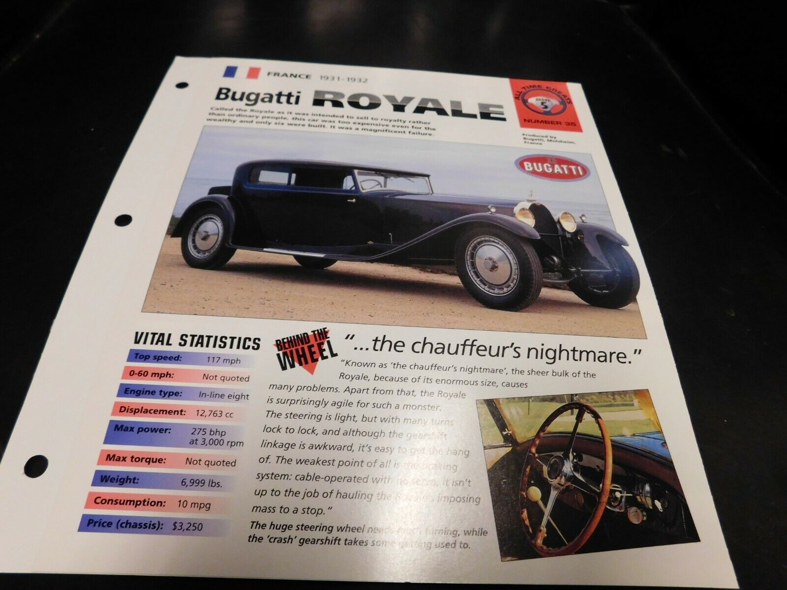1931-1932 Bugatti Royal Spec Sheet Brochure Photo Poster 