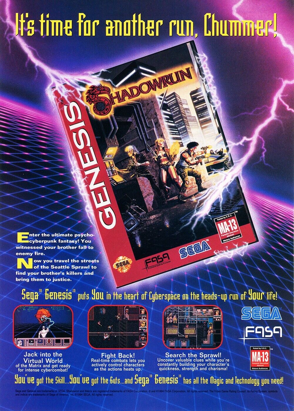 Shadowrun Genesis Original 1993 Ad Authentic SEGA Retro Video Game Promo Art