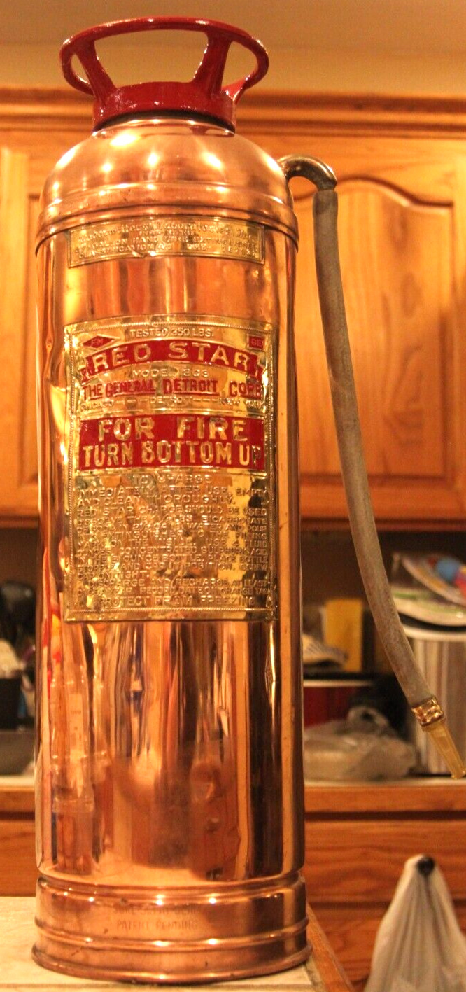 Antique Vintage RED STAR Copper Brass Fire Extinguisher-Polished Restored