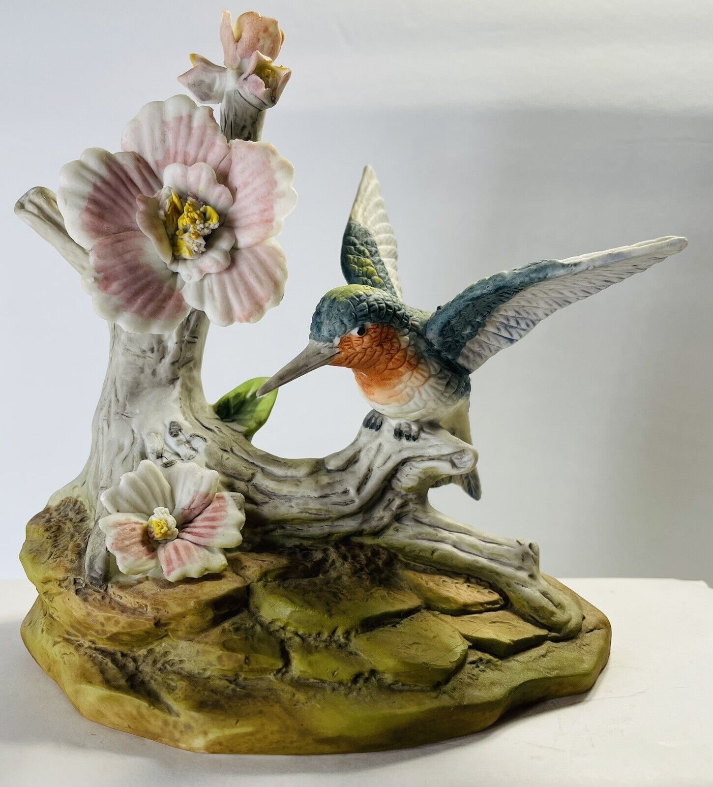 Vtg Porcelain Ceramic Hummingbird Figurine Sitting on Branch With Flower Simsor