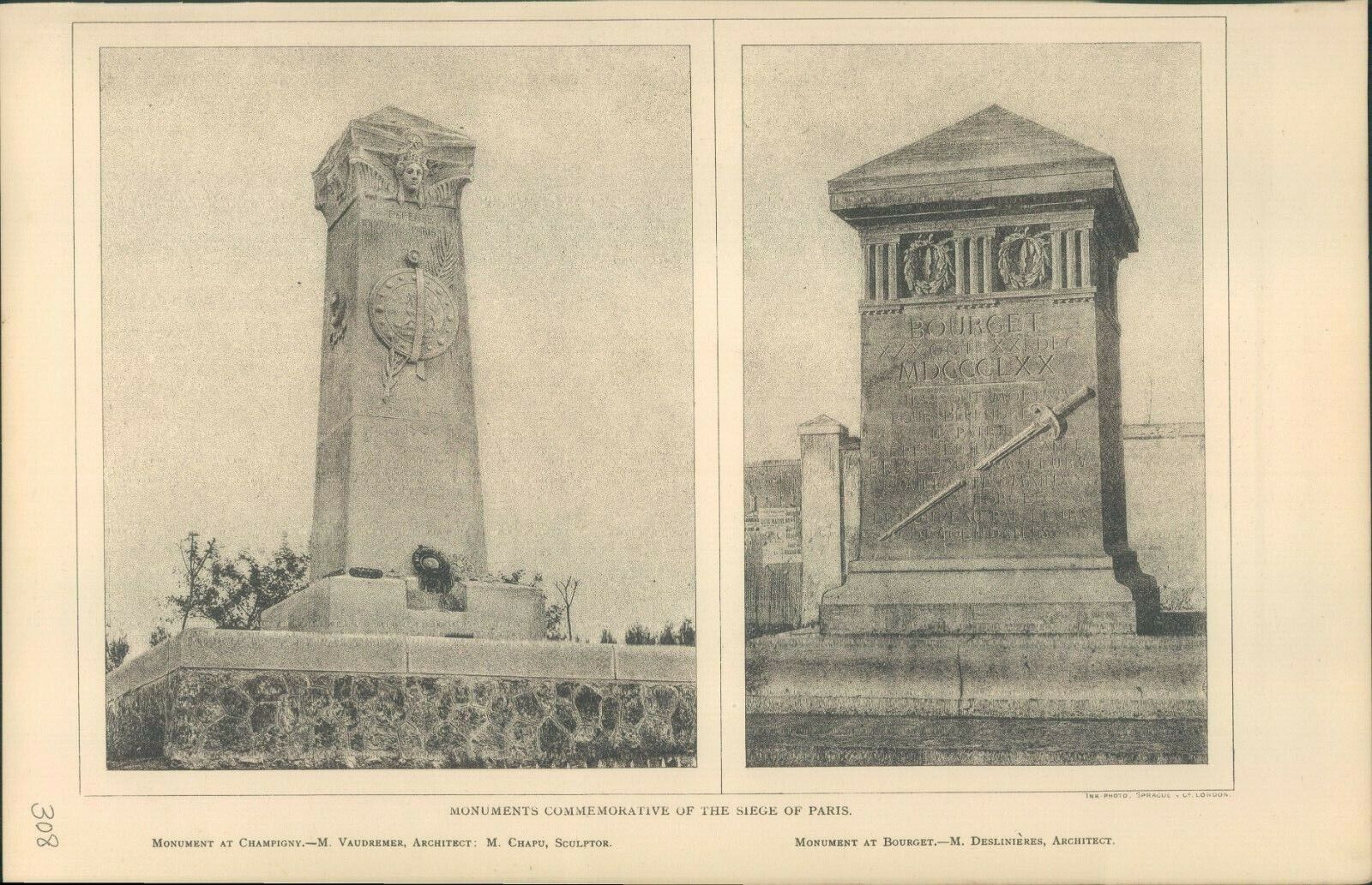 Antique Architects Print Monuments commemorative siege of paris 