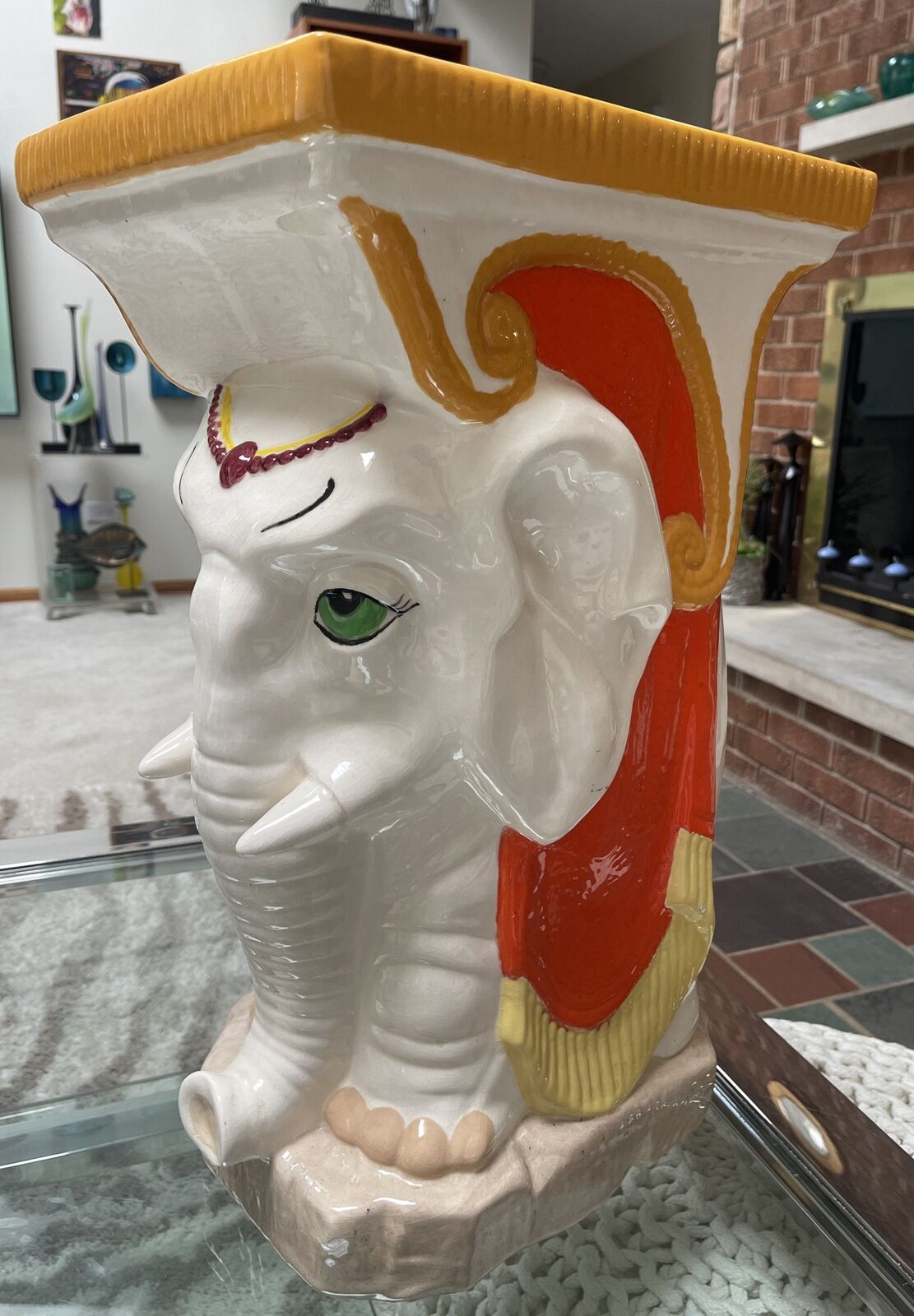 VTG MCM LG Exquisite Elephant Glazed Ceramic Side Table Garden Stool Sculpture