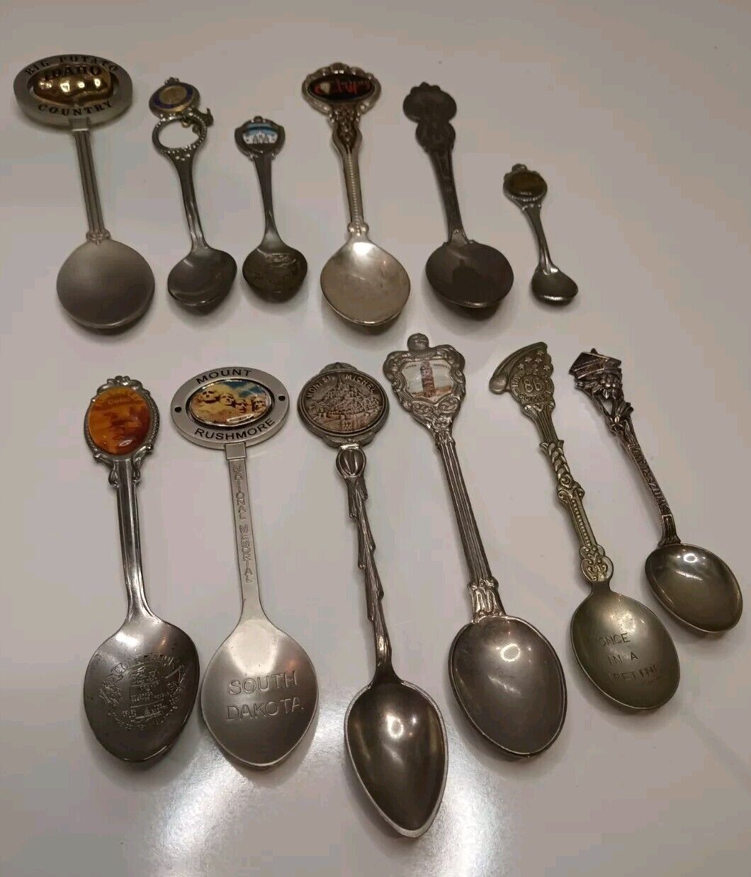 Vintage Lot Of 12 Mini Mixed Souvenir Collector\'s Spoons Unique Potato Spinner
