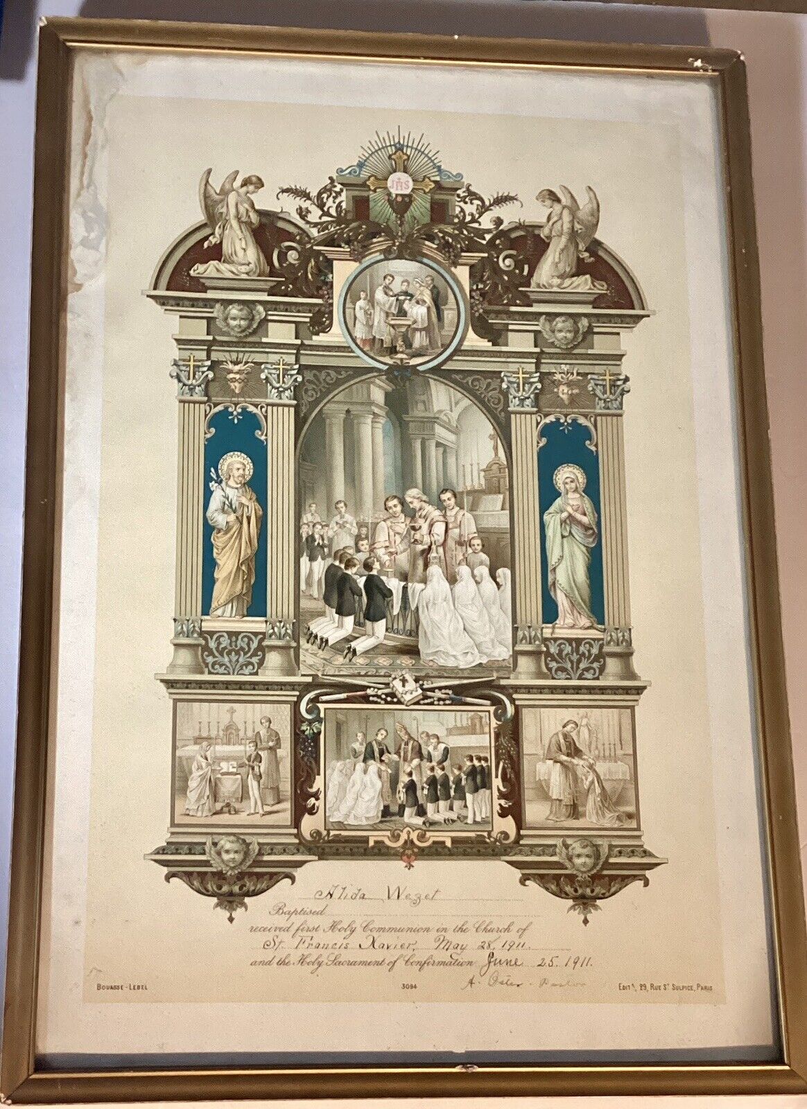Antique Framed 1911 First Communion Certificate in English Lithograph