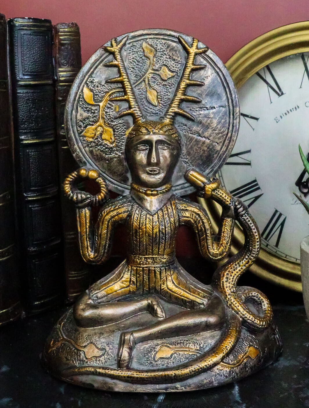 Seated Celtic Horned God Herne Cernunnos With Deer Antlers And Earth Disc Statue