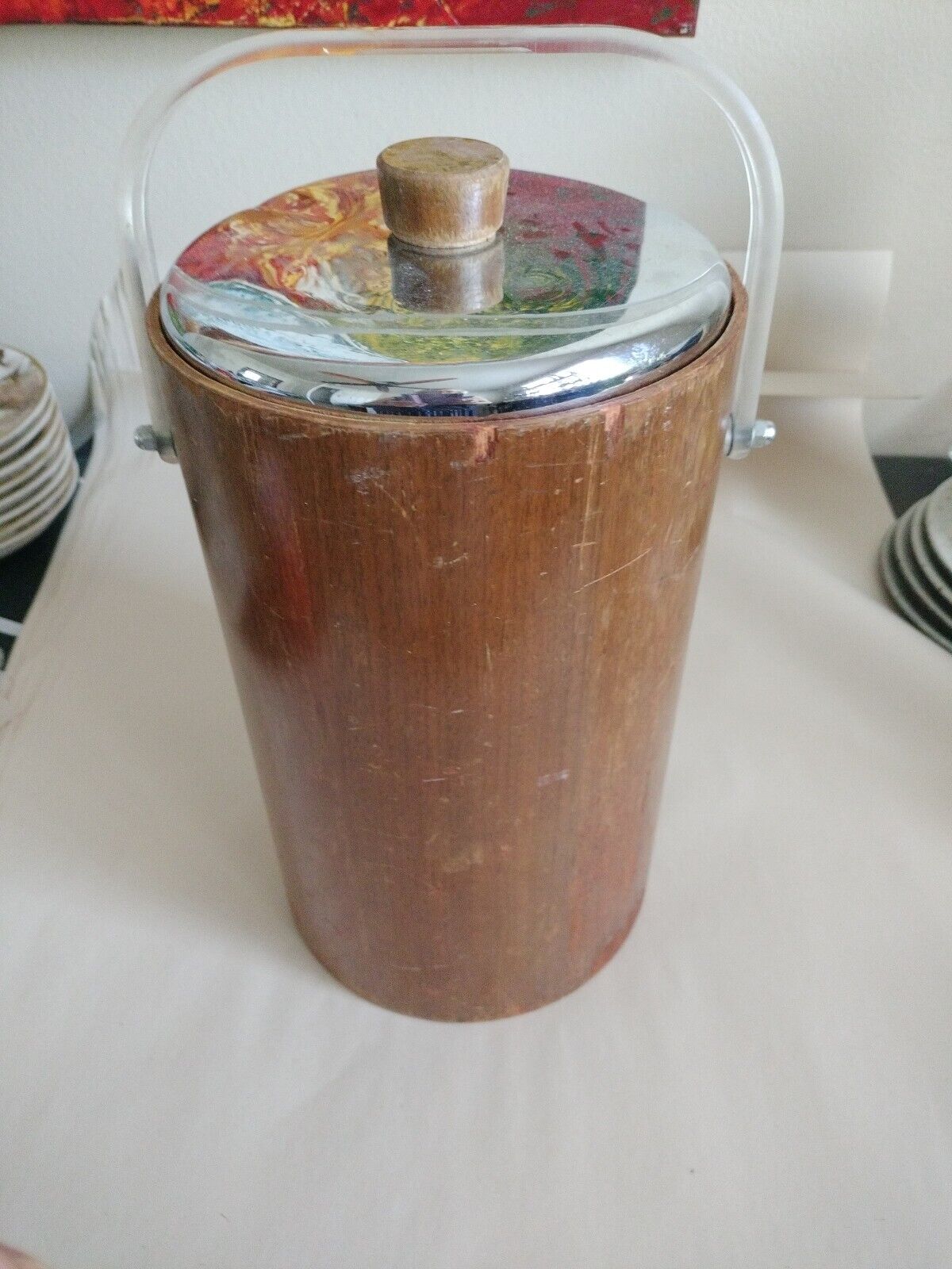 Vintage Wood Tall Ice Bucket Lucite Handle 12 X 7 3/4