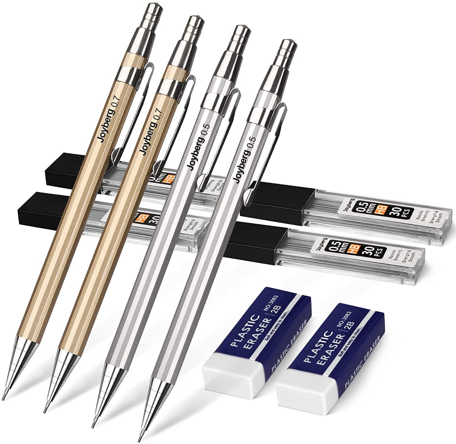 4 Pack Metal Mechanical 0.5Mm, 0.7Mm, Lead Pencil with 30 HB Lead Refills