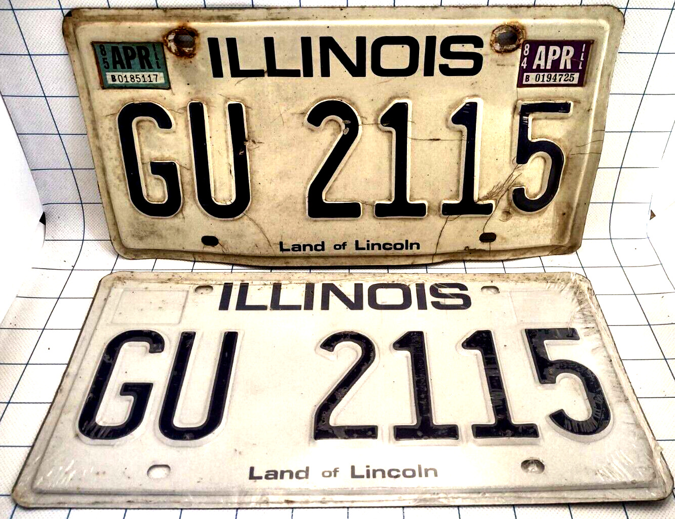 Pair Illinois Land of Lincoln 1984/85 Blue on White Metal Expired License Plates
