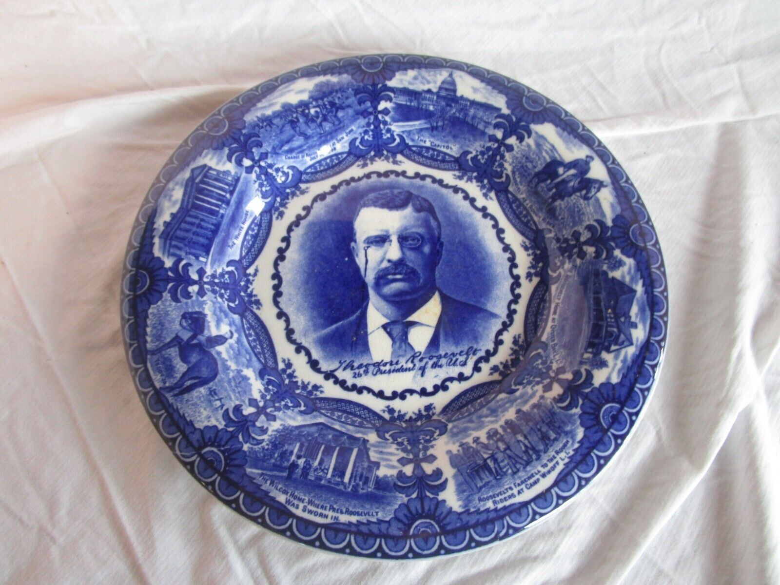 C 1900 Antique Staffordshire Plate Teddy Roosevelt Flow Blue