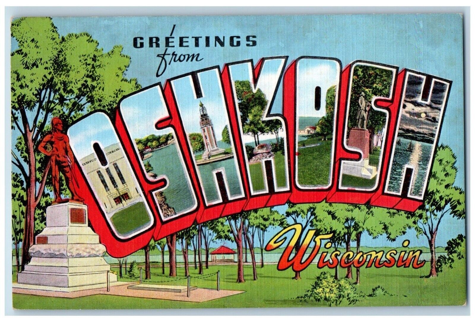 Oshkosh Wisconsin WI Postcard Greetings Large Letters c1930\'s Unposted Vintage