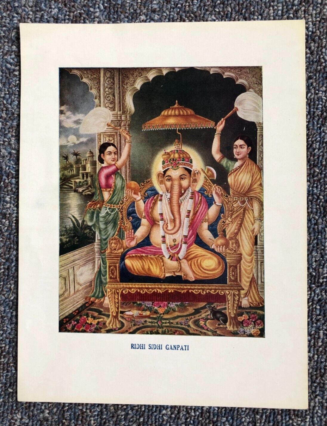 (1102) Rare Antique Hindu Art Print from India, circa 1940s: Ganesha