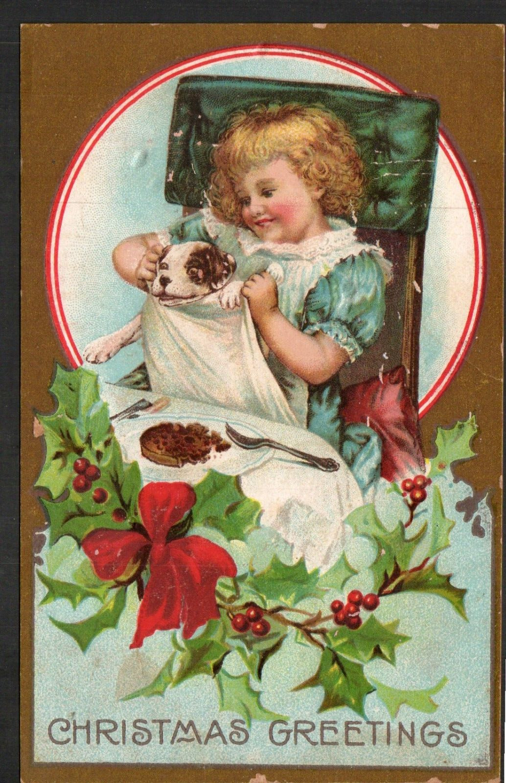 Postcard Christmas Little Girl Dog Napkin Holly Bow 1900s Coweta OK 1909 Cancel