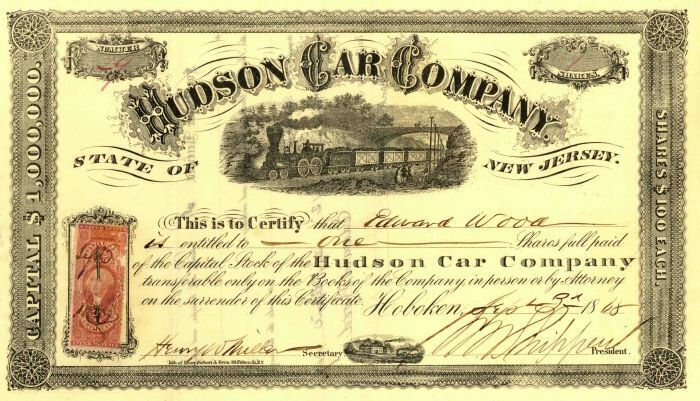 Hudson Car Co. - Railroad Cars - Hoboken, New Jersey Stock Certificate - Railroa