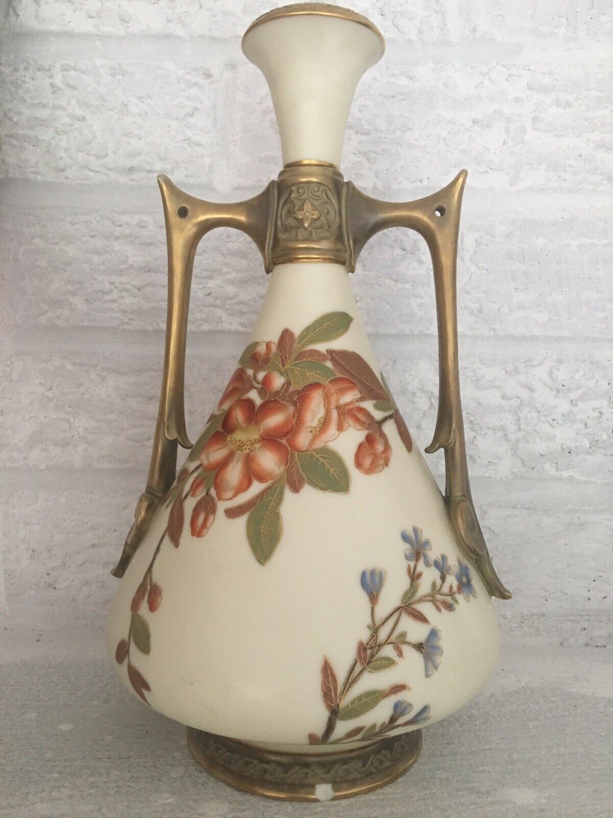 Beautiful Royal Worcester Handled Vase Gilt Handles Floral Decorations H 10”