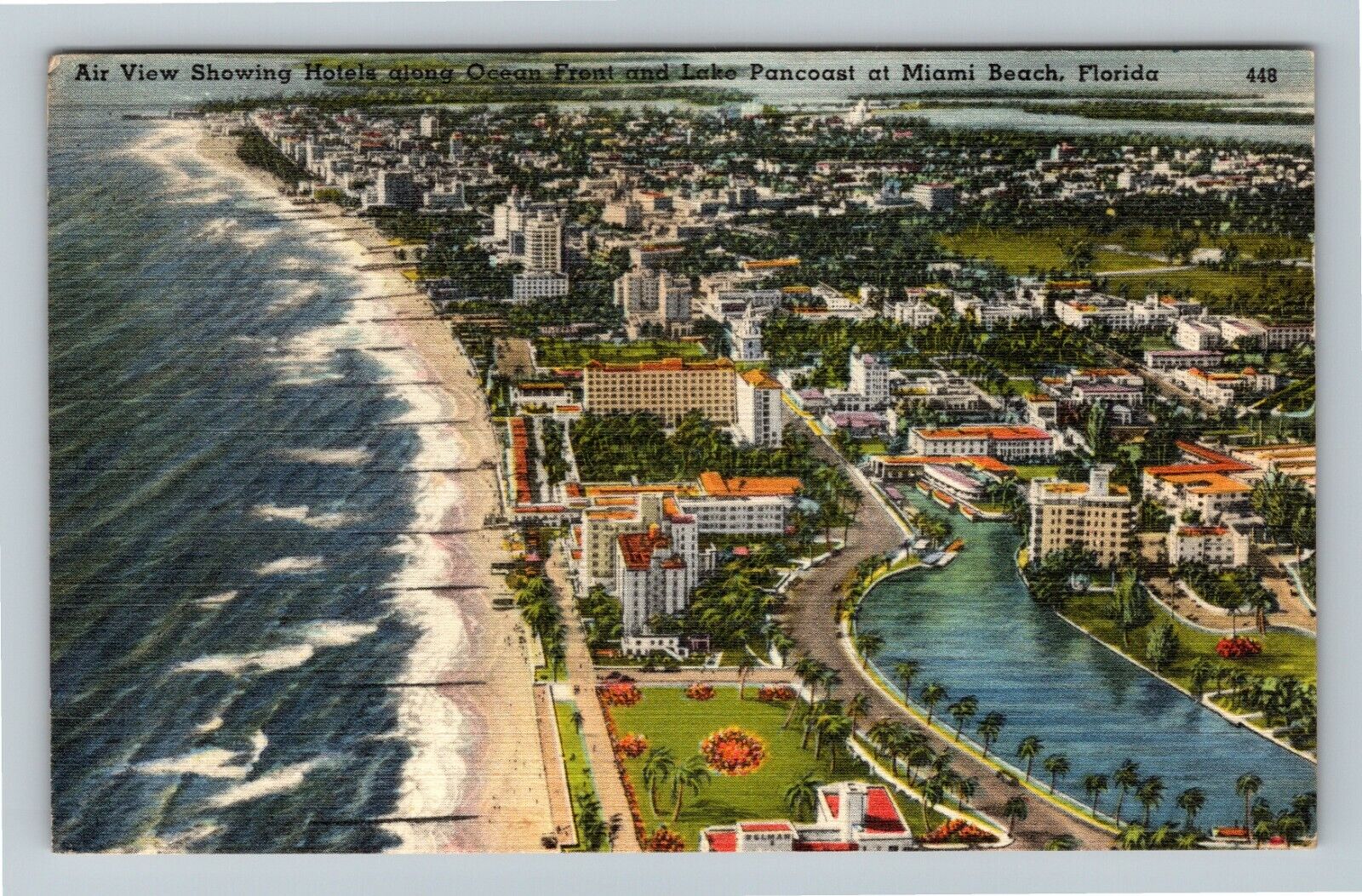 Miami Beach Florida Aerial Ocean Front Hotels Lake Pancoast Linen c1950 Postcard