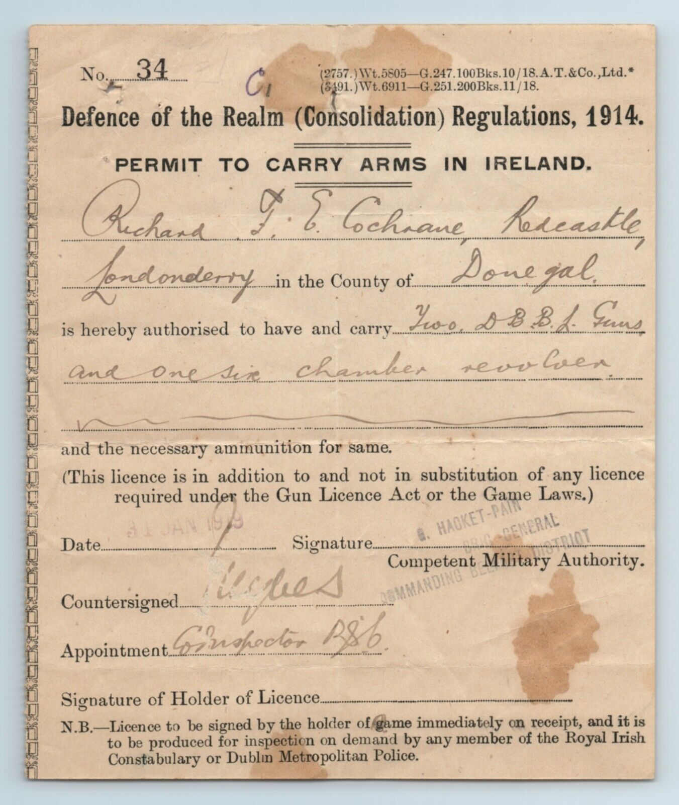1919 Permit to Carry Arms in Ireland, Defence of the Realm Act, Richard Cochrane
