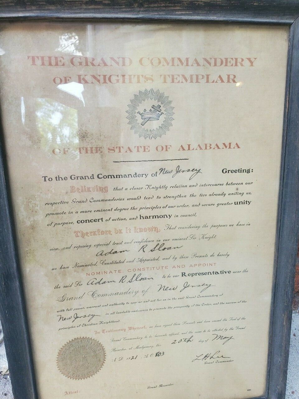 Antique Knights Templar Grand Commandery AL & NJ Decree w/ Official Seal 1920s
