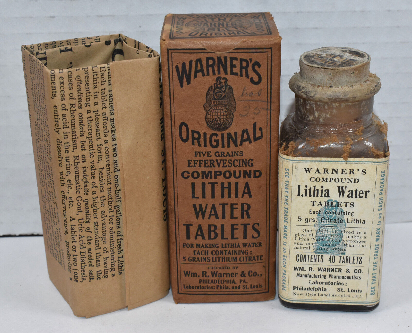 Antique Warners Original Lithia Water Tablets Glass Bottle in Original Box