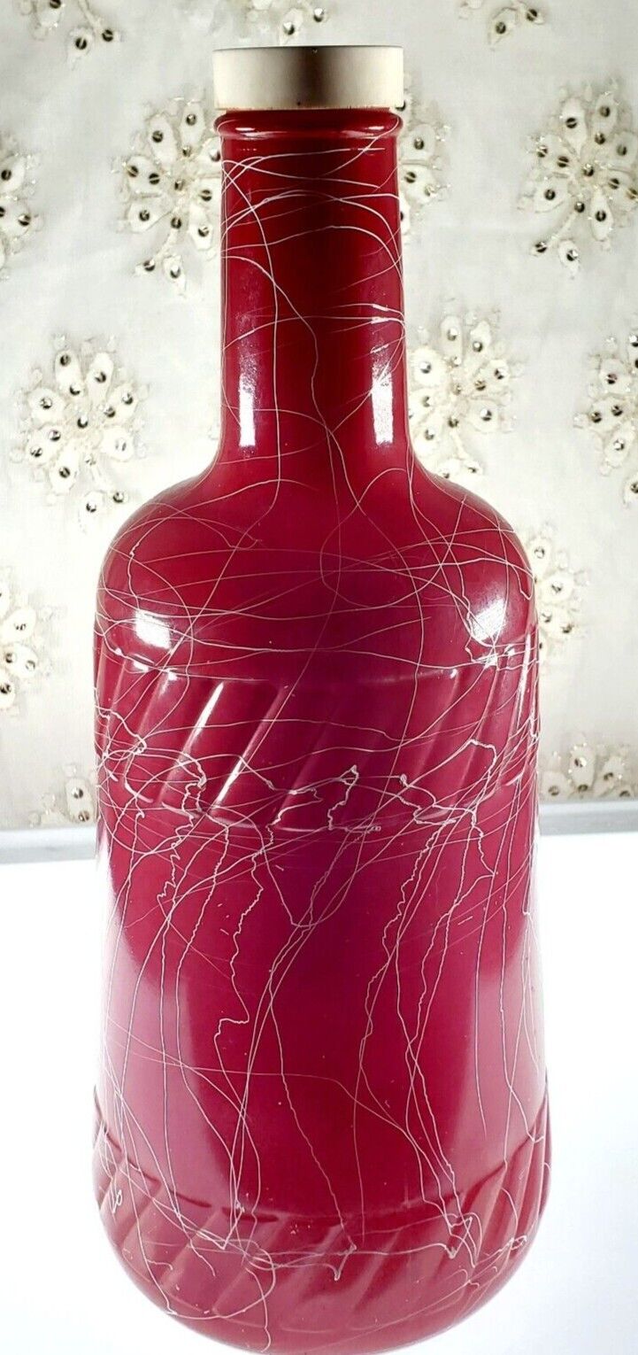 Vintage 1956 Welch\'s Hazel Atlas Red Glass Decanter Bottle White Drizzle 12\