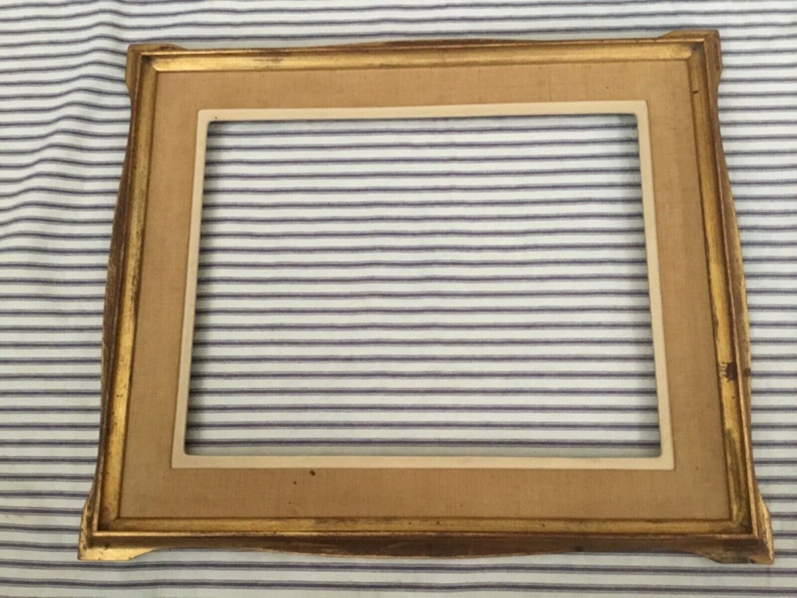 Vintage 19x16 ~ 13.25x10 Shabby Worn WOODEN FRAME Gold Leaf linen insert MCM
