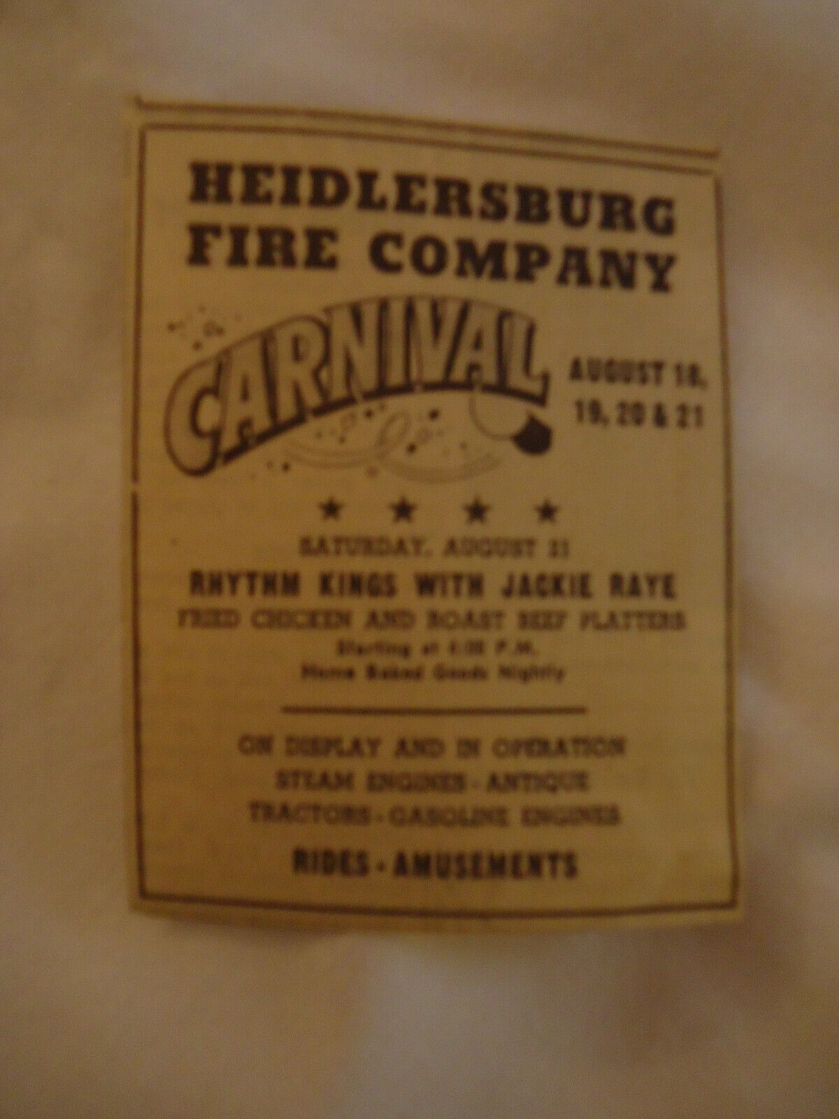 Heidlersburg PA Carnival 1976 newsprint ad