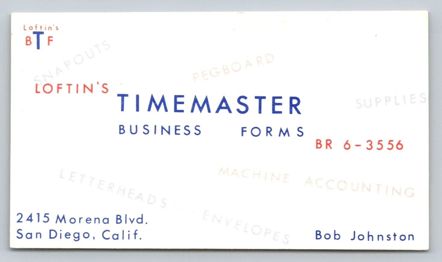 Vintage Business Card Timemaster Business Forms Loftin's Time Master San Diego 