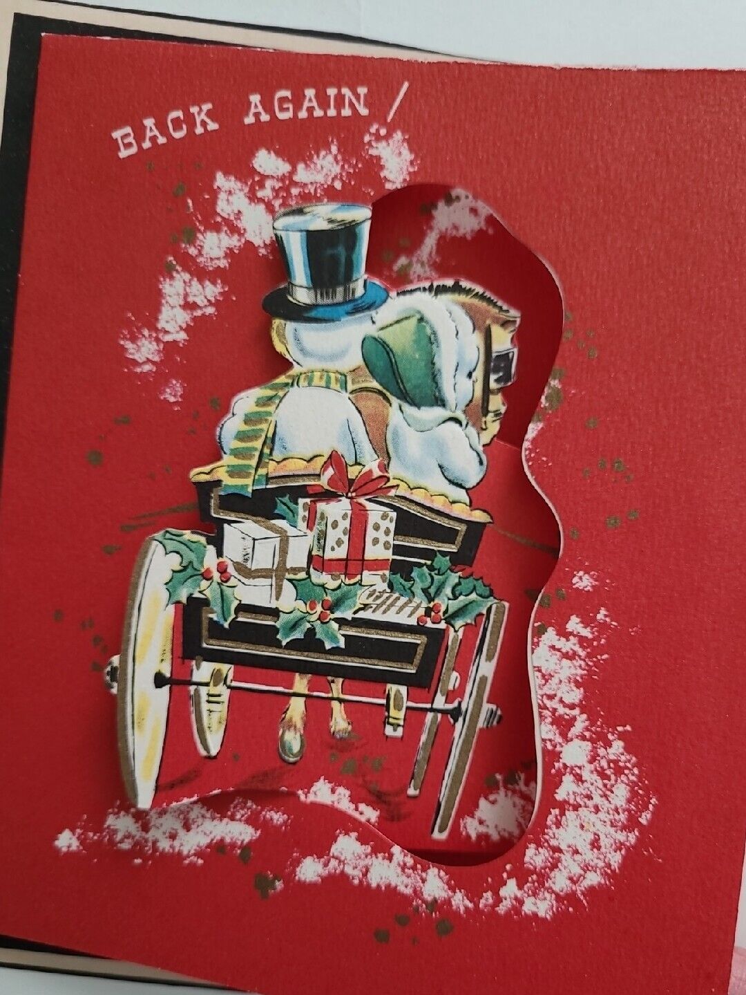 1950s Vtg SWING OUT Whimsical SNOWMAN Couple BACK AGAIN Sample CHRISTMAS CARD