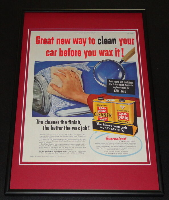 1953 Johnson's Car Plate Cleaner Framed ORIGINAL 12x18 Vintage Advertisement 