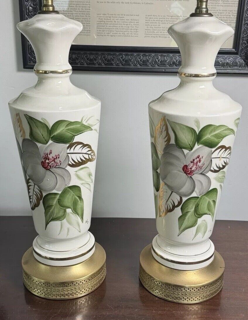 Pair Of 2 Vintage Lamps Porcelain Brass Painted Hibiscus MCM Floral 1940s 1950s