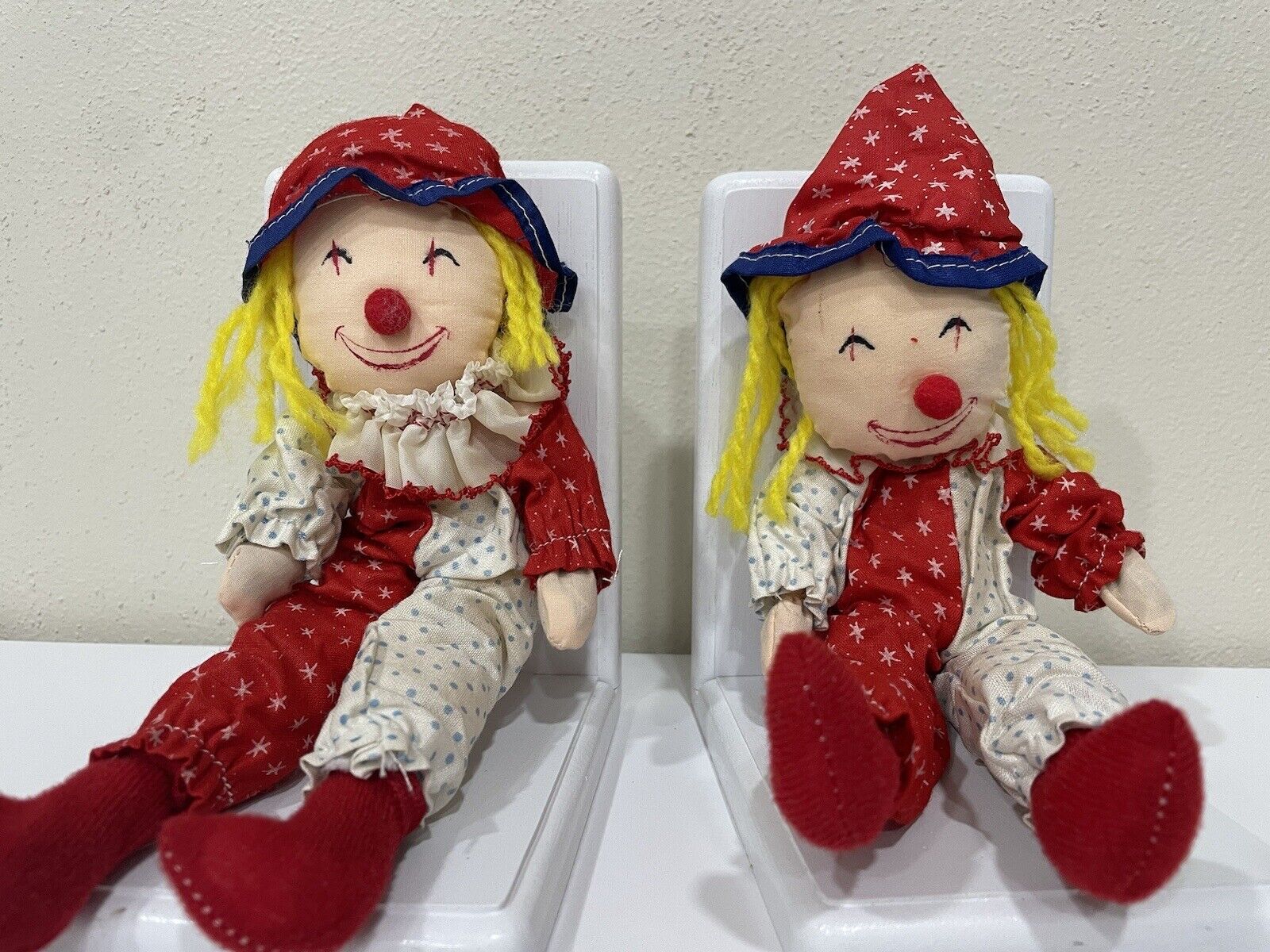 Happy Clown Jesters Boy And Girl Book Ends. Cute Smiling Faces Stuffed Dolls.