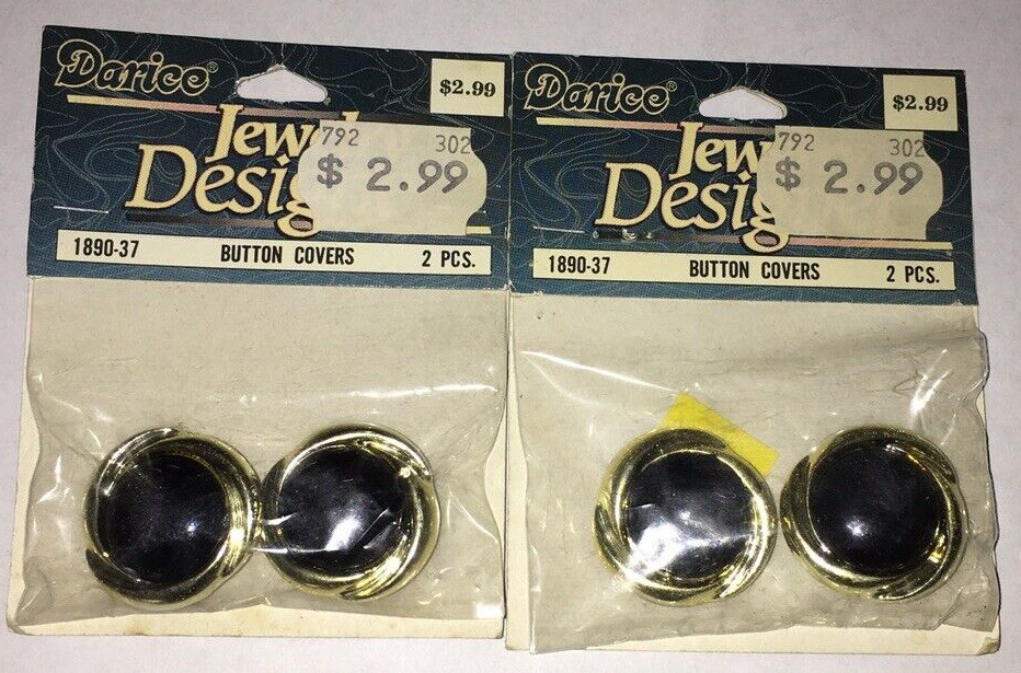 4 new vintage Darice sealed button covers black & gold enamel plastic