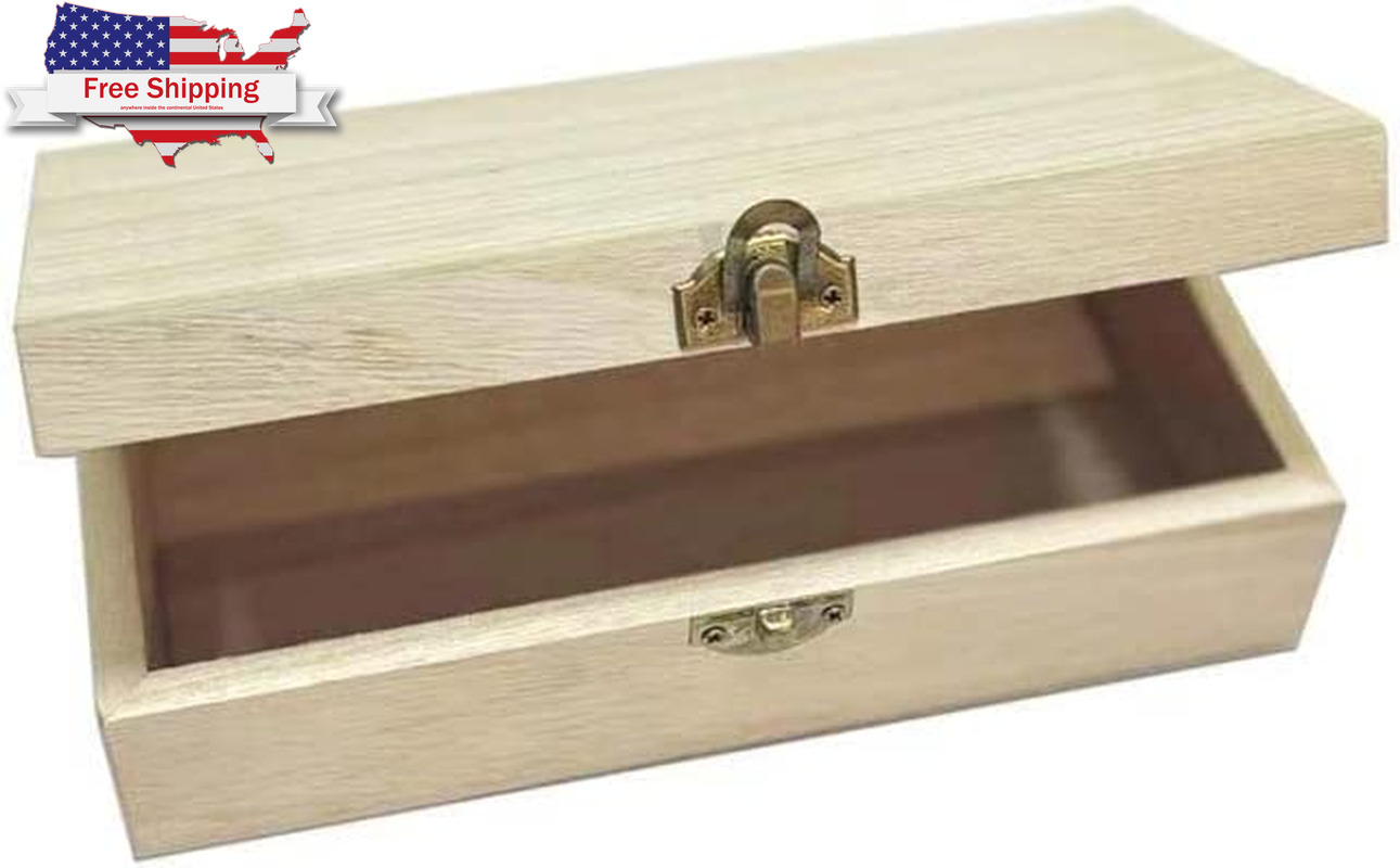NA Unfinished Wooden Box, 8X4X2.3 Inch Storage Box with Hinge Lid, Small Wooden 