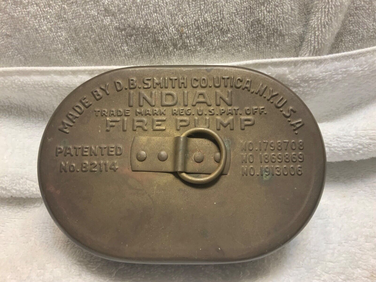 Vintage bronze D.B. Smith Indian Fire Pump box patent 82114 USA